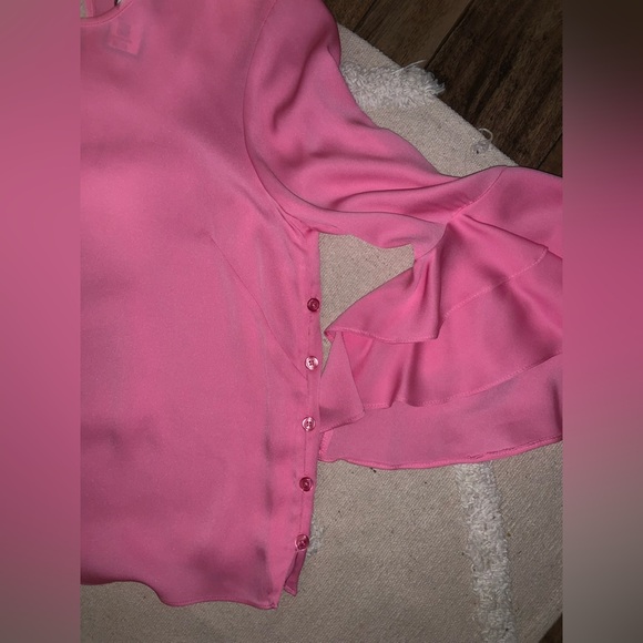 MILLY Pink Silk Crew-Neck Bell Sleeves Blouse ruffle fall casual boho designer - Picture 3 of 6